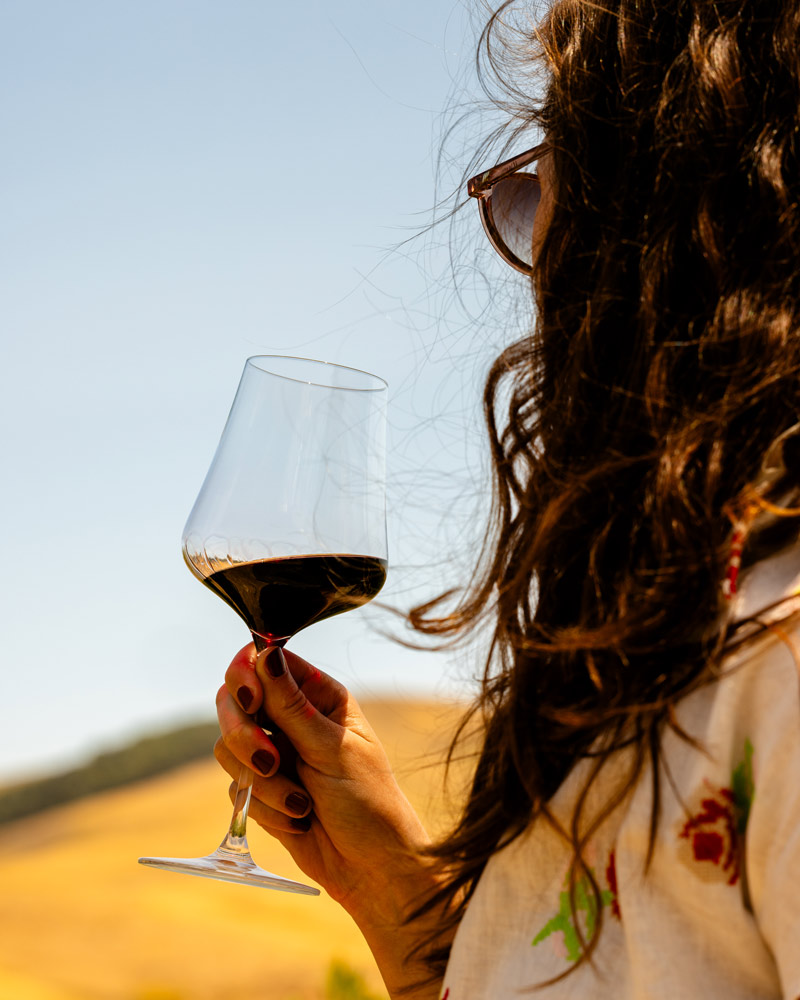 A young woman with dark hair looks out at the rolling hills of Napa Valley while enjoying a glass of Cabernet Sauvignon.