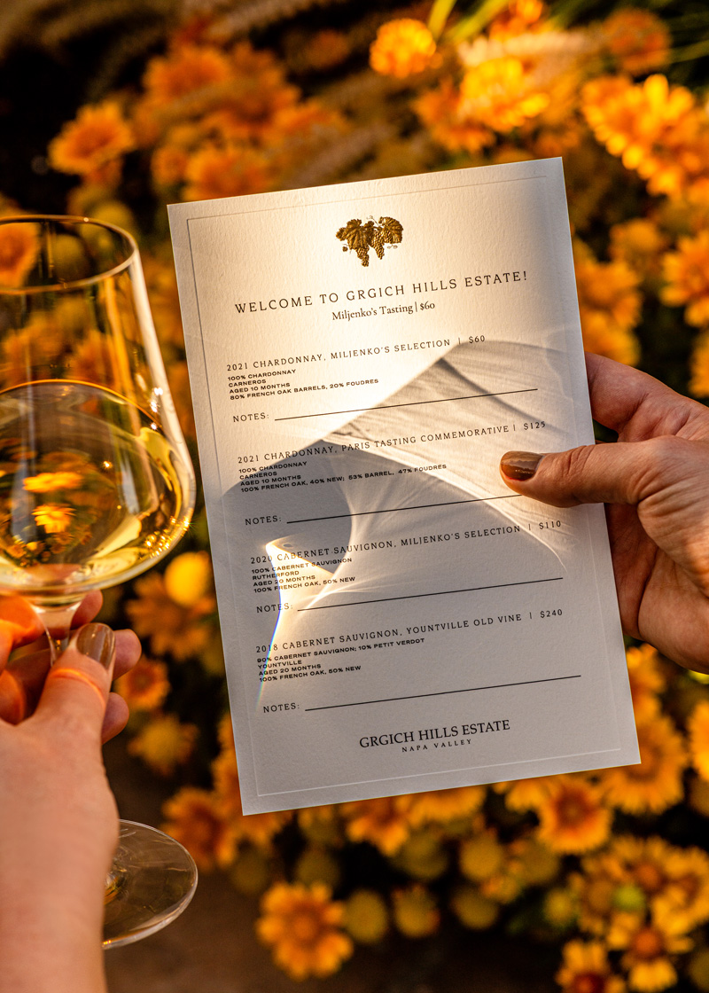 A Grgich Hills Estate menu detailing the daily offerings at their Napa Valley Tasting Room.