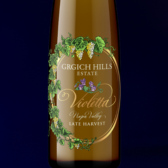 Label of Grgich Hills Estate Violetta, Late Harvest Dessert Wine, grown and crafted in Napa Valley.