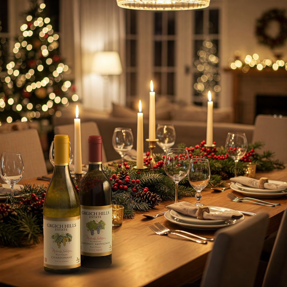 2 bottles of Grgich Estate Wine in a festive Holiday Setting